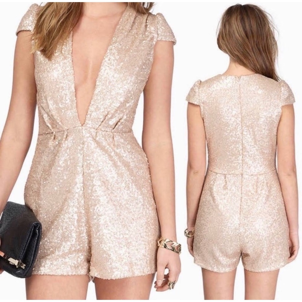 TOBI Rose Gold Sequin‎ Deep V Neck Cap Sleeve Romper Women's Medium